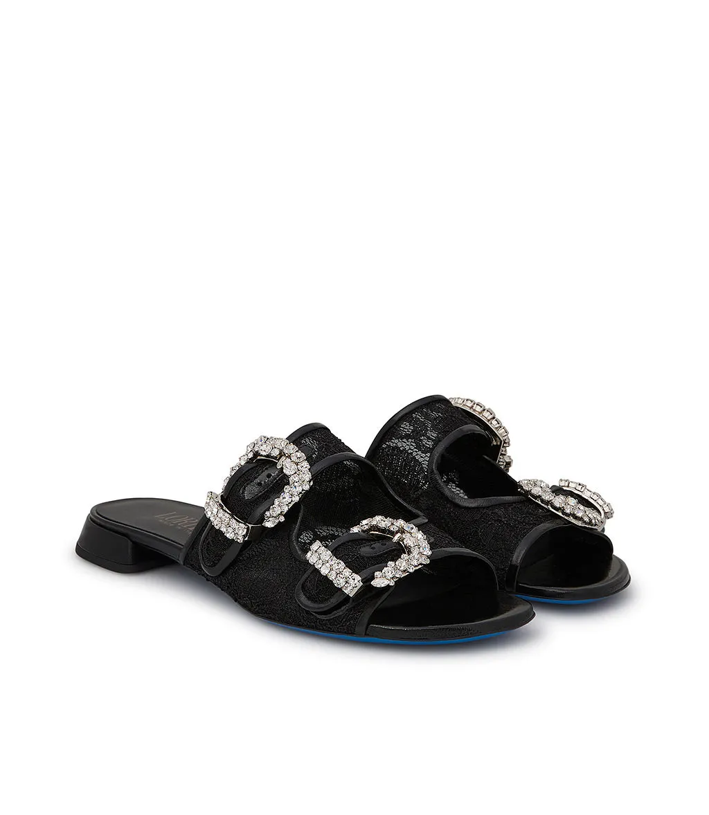 Black leather and lace jewel buckled mules