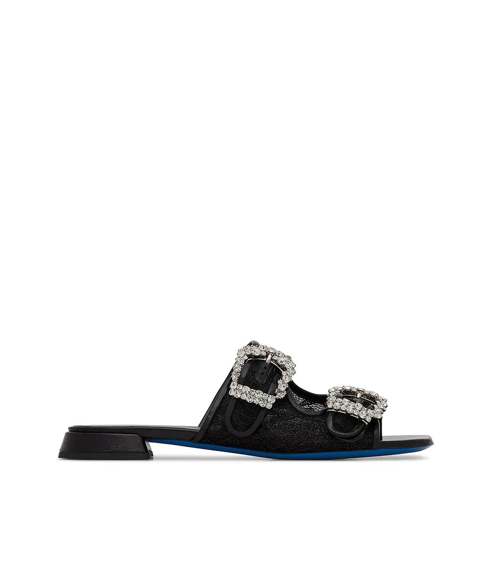 Black leather and lace jewel buckled mules