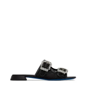 Black leather and lace jewel buckled mules