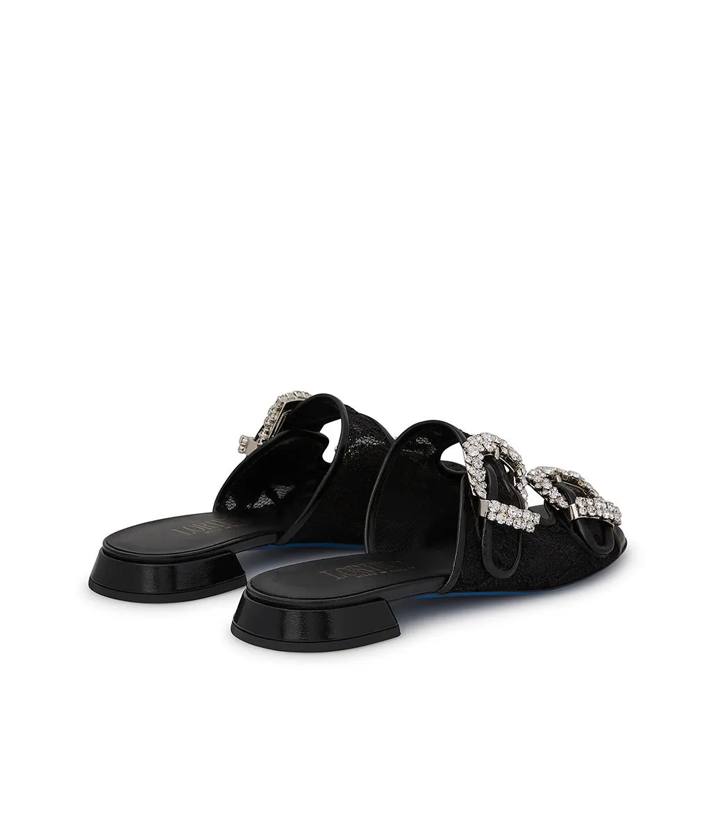 Black leather and lace jewel buckled mules