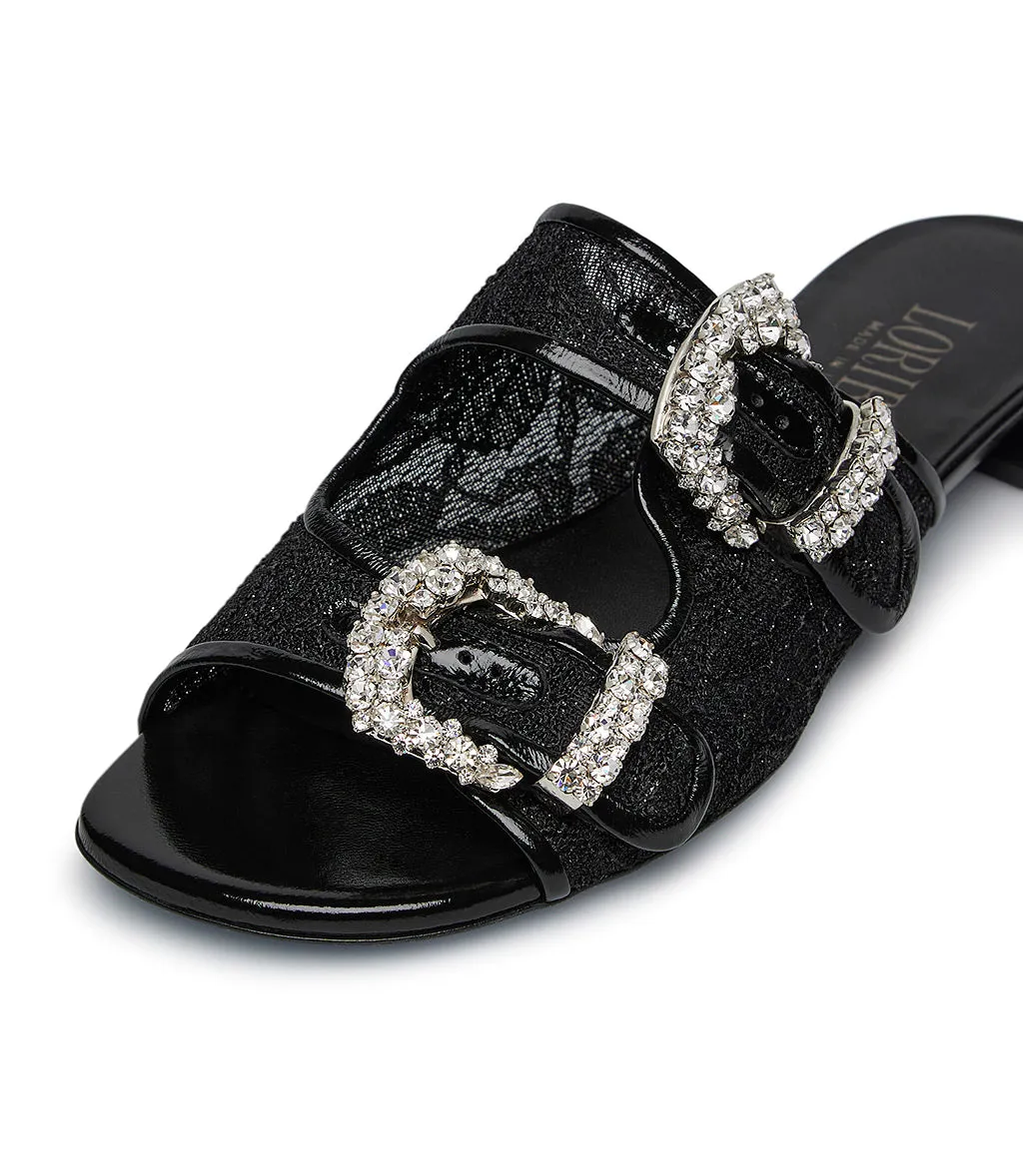 Black leather and lace jewel buckled mules
