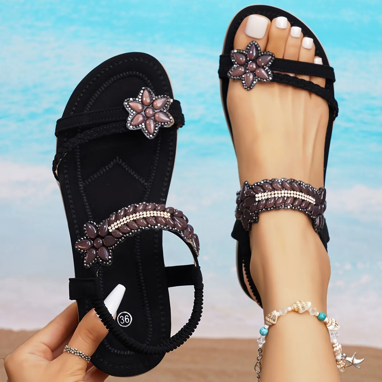 Boho chic damessandalen met fonkelende strass-steentjes