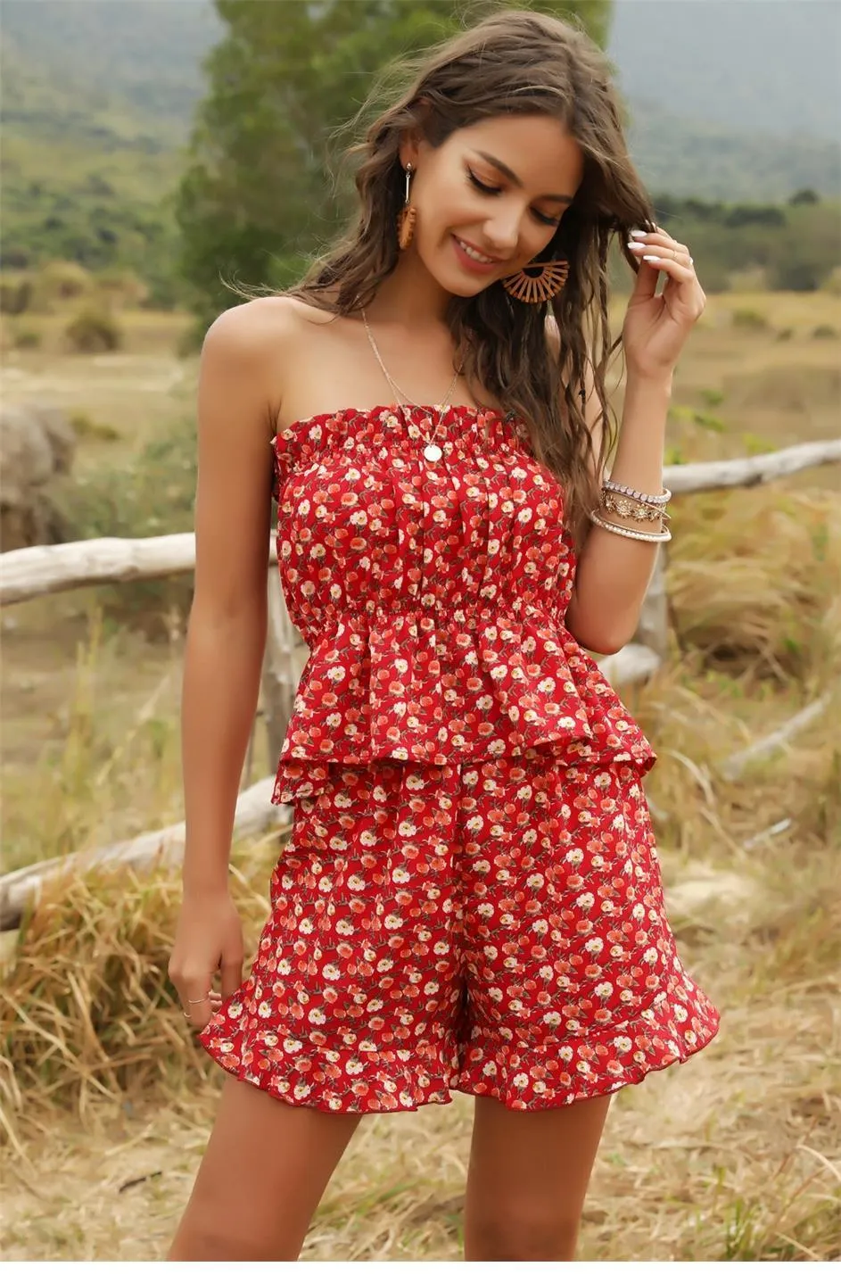 Boho Chic Summer Red Set (Bustier top   Short)
