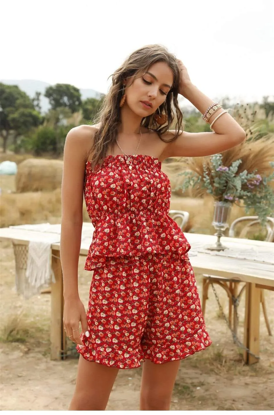 Boho Chic Summer Red Set (Bustier top   Short)