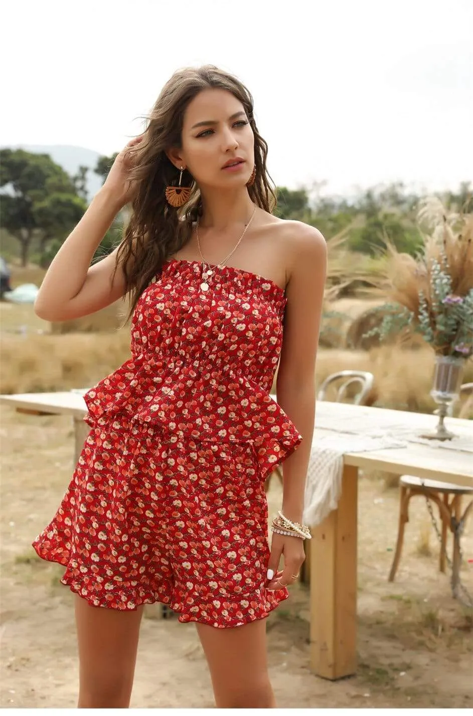 Boho Chic Summer Red Set (Bustier top   Short)