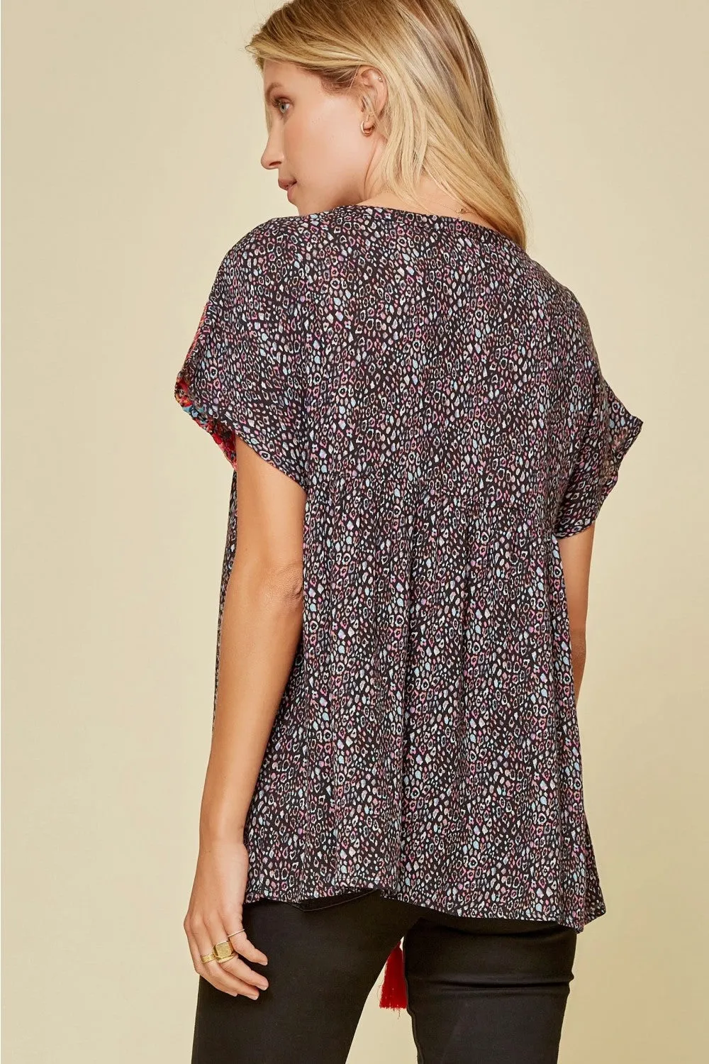 Leopard Babydoll Embroidered Top, Black