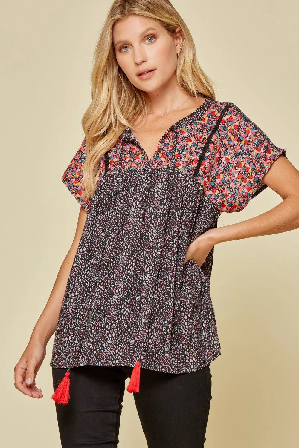 Leopard Babydoll Embroidered Top, Black