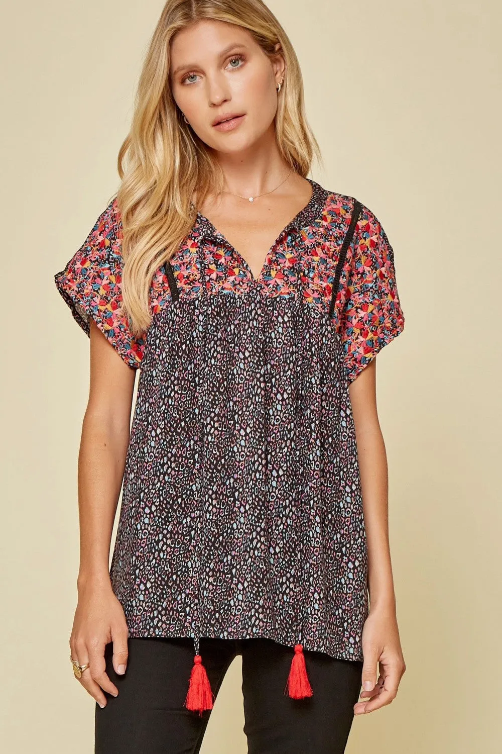 Leopard Babydoll Embroidered Top, Black