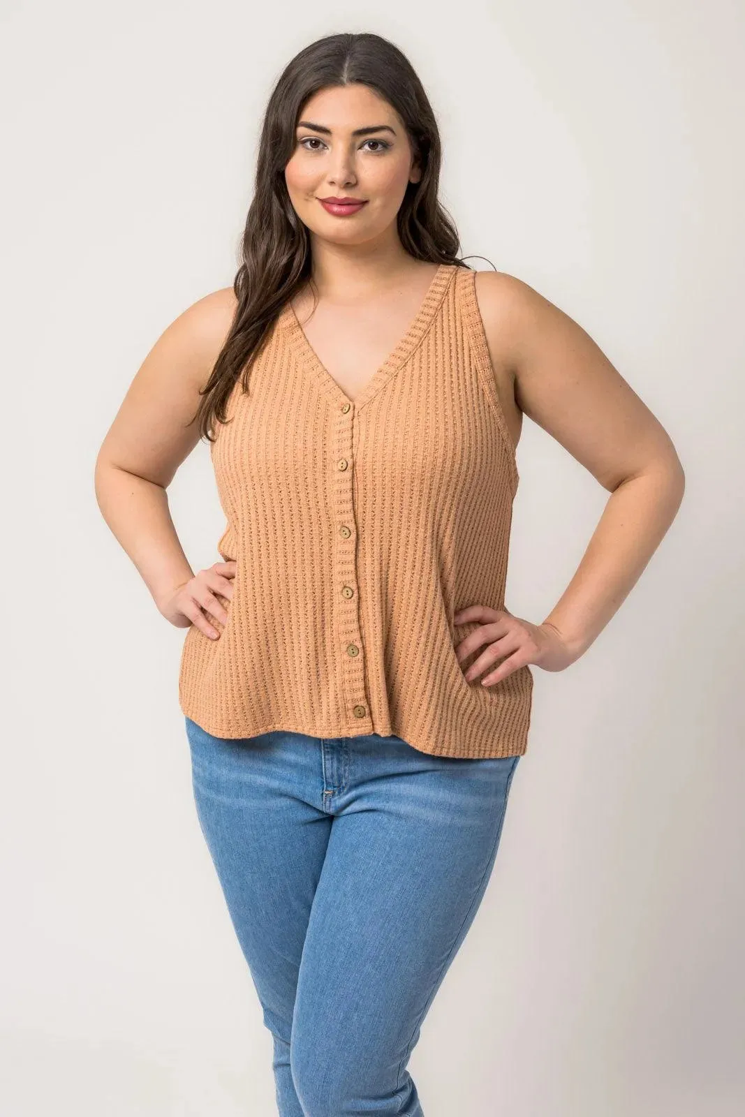Plus Size Sleeveless V Neck Button Down Knit Top