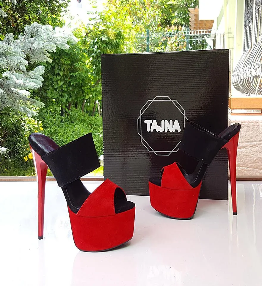 Red Black Suede Peep Toe High Heel Platform Mules