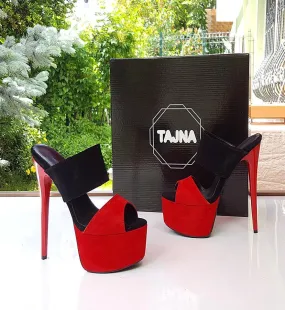 Red Black Suede Peep Toe High Heel Platform Mules