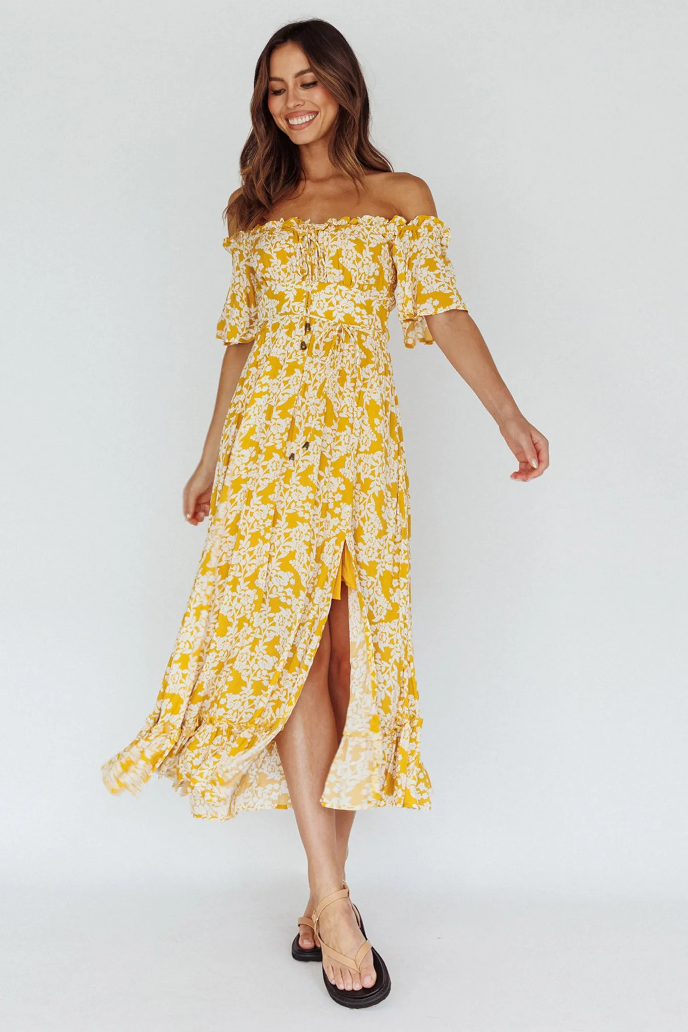 Voyager Off-Shoulder Bell Sleeve Midi Dress Floral Yellow