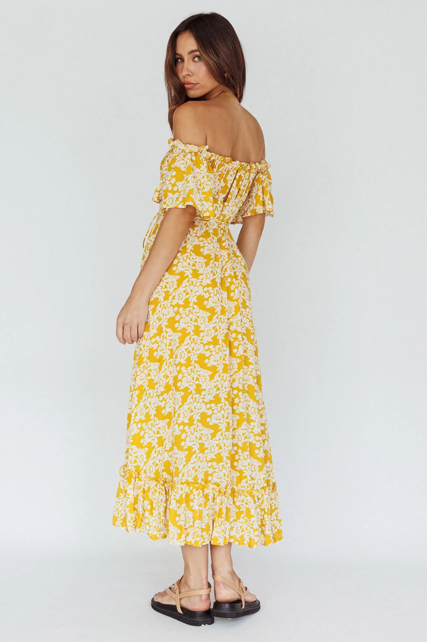 Voyager Off-Shoulder Bell Sleeve Midi Dress Floral Yellow